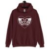 Maroon hoodie sweatshirt with a heart and skeleton hands making a heart shape printed on the front. The words 'Cancel Me' are inside of the heart.