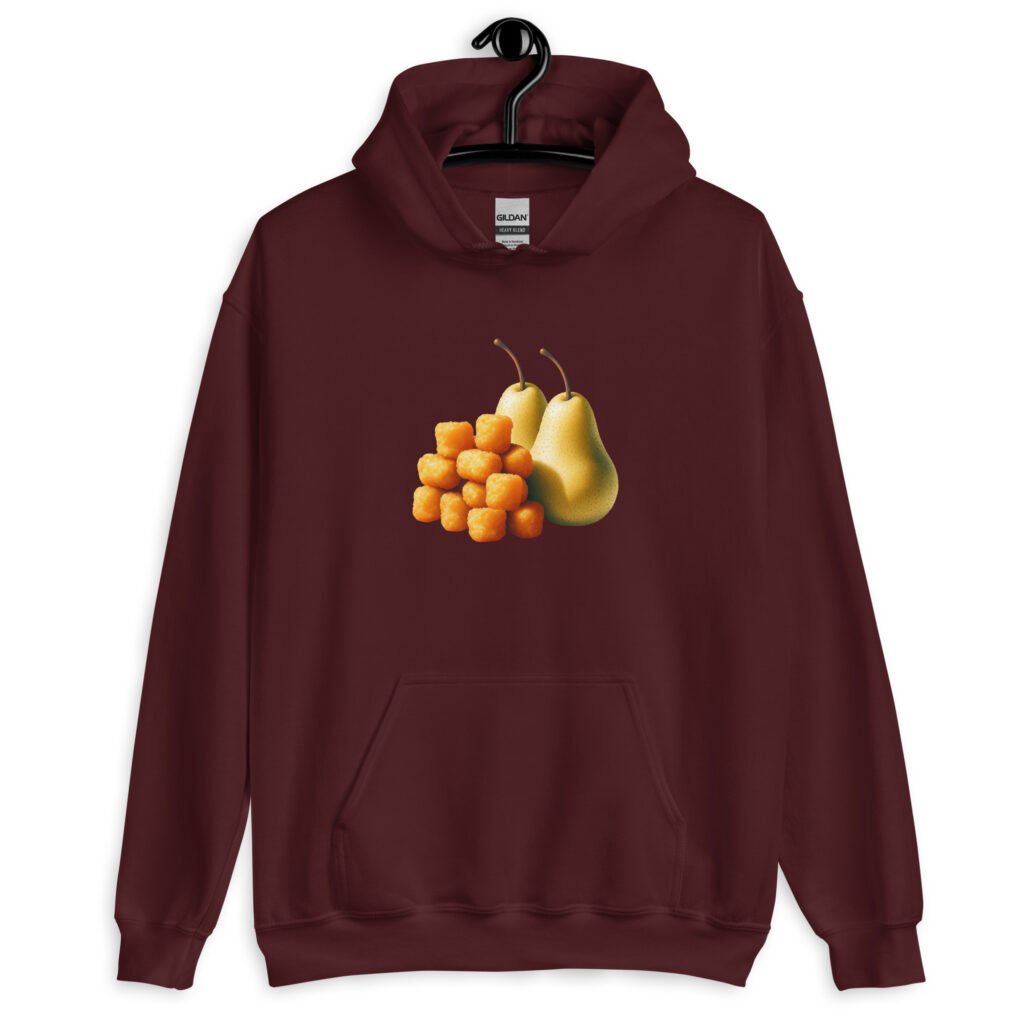 Maroon hoodie sweatshirt with an image of tater tots and two pears printed on the front.