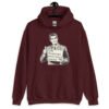 Maroon hoodie sweatshirt with graphic of a retro man holding sign that says 'Ladies, mansplaining is short for man explaining' printed on the front.