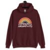 Maroon hoodie sweatshirt with a graphic of a rainbow and the words 'Spread negativity' printed on the front.