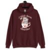 Maroon hoodie sweatshirt that says 'I think about murder' with image of cute fluffy kitten sitting in a teacup printed on the front.