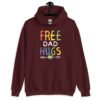 Maroon hoodie sweatshirt with the text 'Free Dad hugs' printed on the front in rainbow letters.