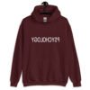 Maroon hoodie sweatshirt with the word Psychology printed in reverse on the front.