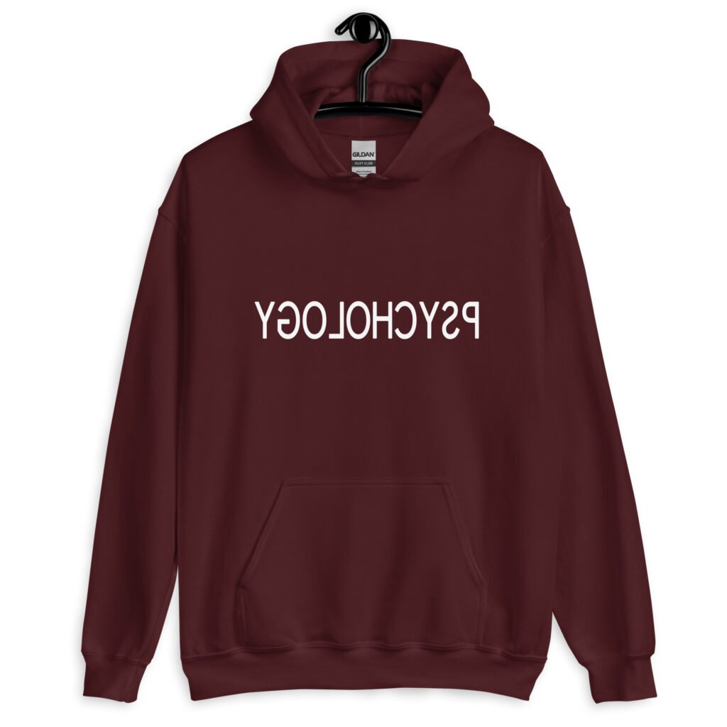Maroon hoodie sweatshirt with the word Psychology printed in reverse on the front.