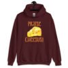 Maroon hoodie sweatshirt with funny graphics of a piece of swiss cheese and the text 'Praise Cheesus' printed on the front of the shirt in yellow and orange.