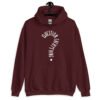 Maroon hoodie sweatshirt with the text 'Question everything' printed on the front. The words are in the shape of a question mark.