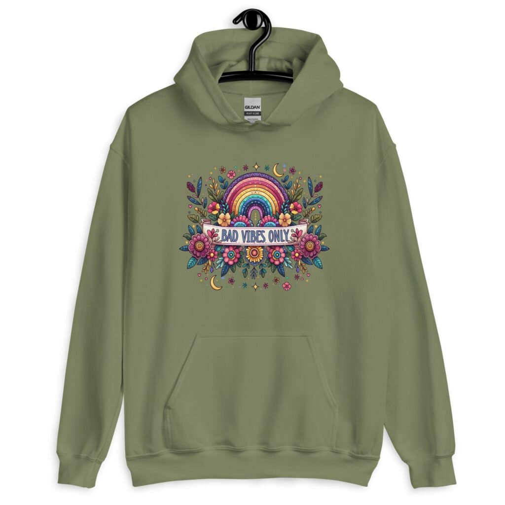 Military green hoodie sweatshirt with colorful boho floral design and the test 'Bad vibes only' printed on the front.