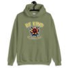 Military green hoodie sweatshirt with an image of a flower and the words Be kind above the flower in yellow bold block font. The words Of a bitch are smaller in script font under the flower. The design is printed on the front.