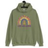 Military green hoodie sweatshirt with an image of a boho style rainbow. There is an upside down cross in the center arch of the rainbow and the text 'Love like Lucifer' printed under. The graphics are printed on the front.