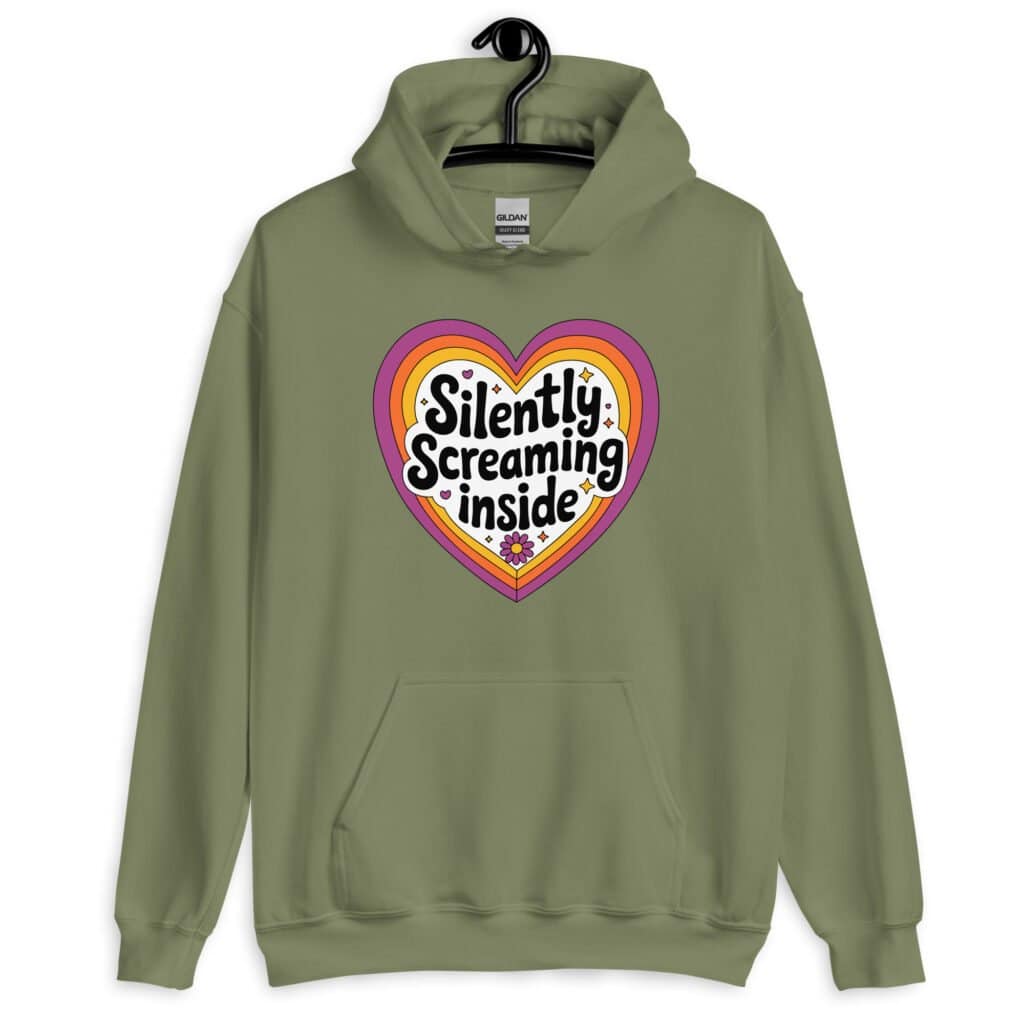 Military green hoodie sweatshirt with a colorful graphic that says 'Silently screaming inside'. The graphics are printed on the front.