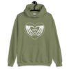 Military green hoodie sweatshirt with a heart and skeleton hands making a heart shape printed on the front. The words 'Cancel Me' are inside of the heart.