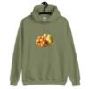 Military green hoodie sweatshirt with an image of tater tots and two pears printed on the front.