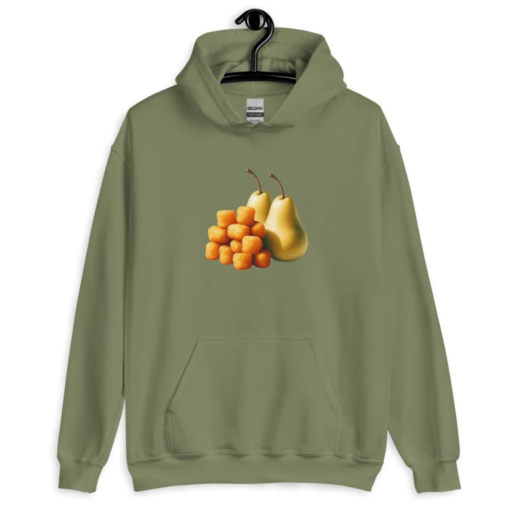 Military green hoodie sweatshirt with an image of tater tots and two pears printed on the front.
