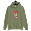 Military green hoodie sweatshirt with an image of a hand over lips making the shh gesture. The words 'Shut the fuck up' are printed on the hand. The graphics are printed on the front.