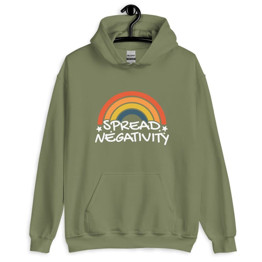 Military green hoodie sweatshirt with a graphic of a rainbow and the words 'Spread negativity' printed on the front.