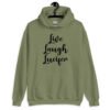 Military green hoodie sweatshirt with the parody phrase 'Live, Laugh, Lucifer' printed on the front.