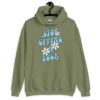 Militar green hoodie sweatshirt with a retro daisy and star design and the text 'Stop giving a fuck' printed on the front.