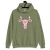 Military green hoodie sweatshirt with image of a pink uterus flipping middle finger graphic printed on the front.