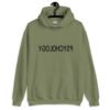 Military green hoodie sweatshirt with the word Psychology printed in reverse on the front.