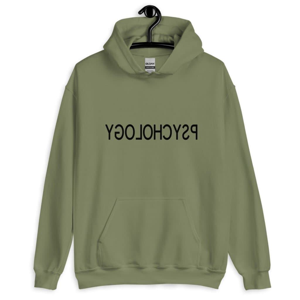Military green hoodie sweatshirt with the word Psychology printed in reverse on the front.