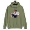 Military green hoodie sweatshirt that has a graphic of an angry looking retro woman holding a knife and a sign. The sign says 'Tell me to calm down. I dare you.' The graphic is printed on the front of the hoodie.