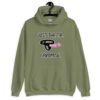 Military green hoodie sweatshirt that has an image of a strap-on dildo and the words 'Just the tip. I promise.' printed on the front.