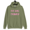 Military green hoodie sweatshirt with the text 'Eve was framed' printed on the front in pink.