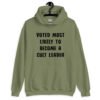 Military green hoodie sweatshirt with the text 'Voted most likely to become a cult leader' printed on the front.