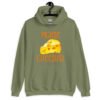 Military green hoodie sweatshirt with funny graphics of a piece of swiss cheese and the text 'Praise Cheesus' printed on the front of the shirt in yellow and orange.