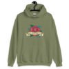 Military green hoodie sweatshirt with funny image of an old school rose flash tattoo with the words 'No ragrets' intentionally misspelled.