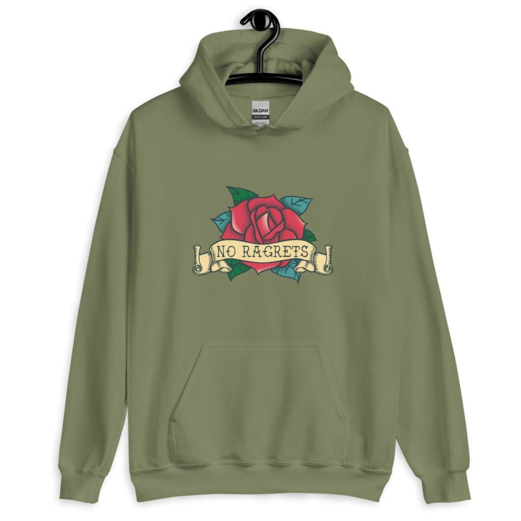Military green hoodie sweatshirt with funny image of an old school rose flash tattoo with the words 'No ragrets' intentionally misspelled.