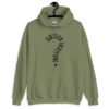 Military green hoodie sweatshirt with the text 'Question everything' printed on the front. The words are in the shape of a question mark.