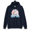 Navy blue hoodie sweatshirt with funny pastel rainbow unicorn graphics and the words Alpha Male printed on the front.