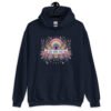 Navy blue hoodie sweatshirt with colorful boho floral design and the test 'Bad vibes only' printed on the front.