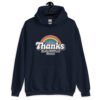 Navy blue hoodie sweatshirt with an image of a rainbow and the words 'Thanks for the childhood trauma' printed on the front. The word Thanks is large and the rest of the words are smaller under.