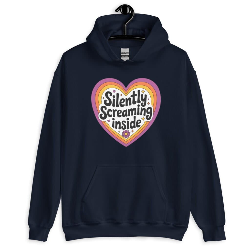 Navy blue hoodie sweatshirt with a colorful graphic that says 'Silently screaming inside'. The graphics are printed on the front.