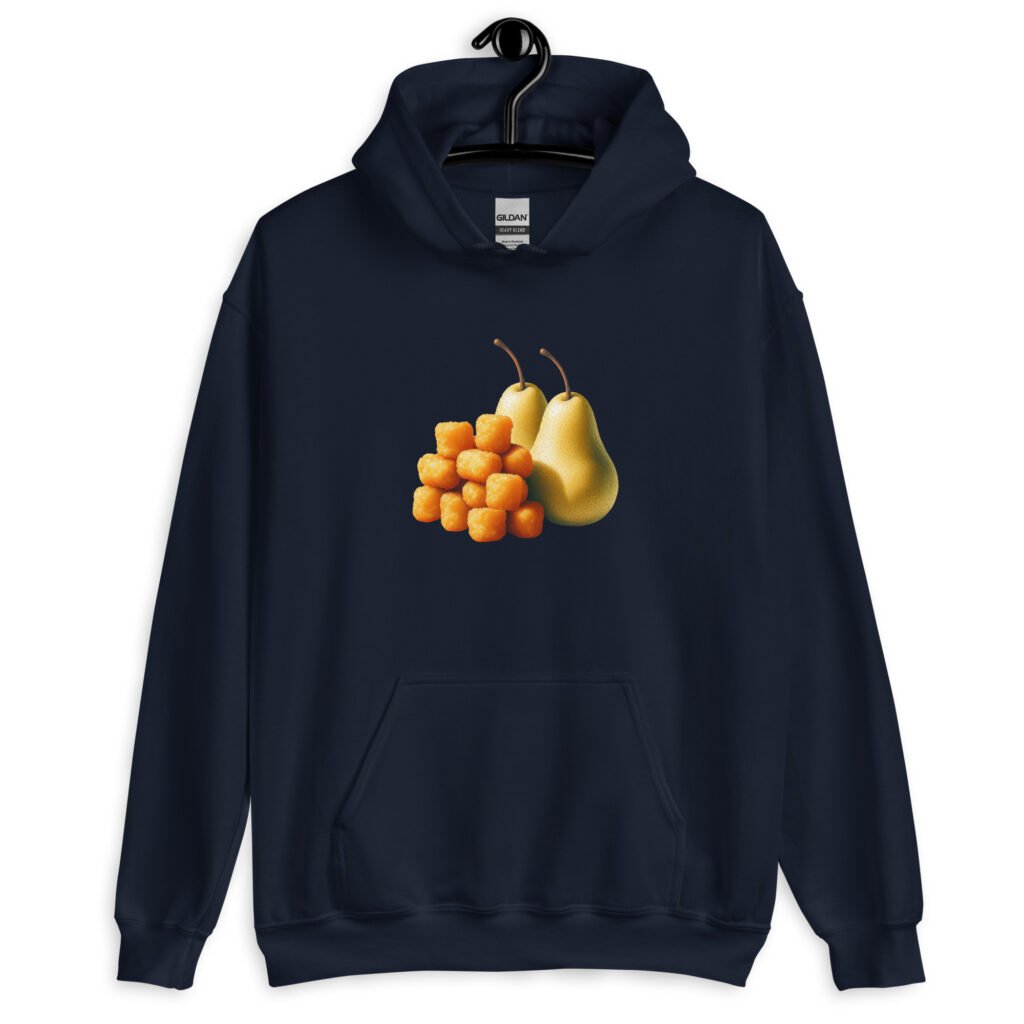 Navy blue hoodie sweatshirt with an image of tater tots and two pears printed on the front.