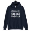 Navy blue hoodie sweatshirt with the phrase 'Normal gets you nowhere' printed on the front.