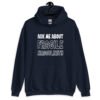 Navy blue hoodie sweatshirt with the text 'Ask me about fragile masculinity' printed on the front.