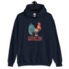 Navy blue hoodie with an image of a rooster and the word 'Goblin' printed under the rooster. The graphics are printed on the front of the hoodie.