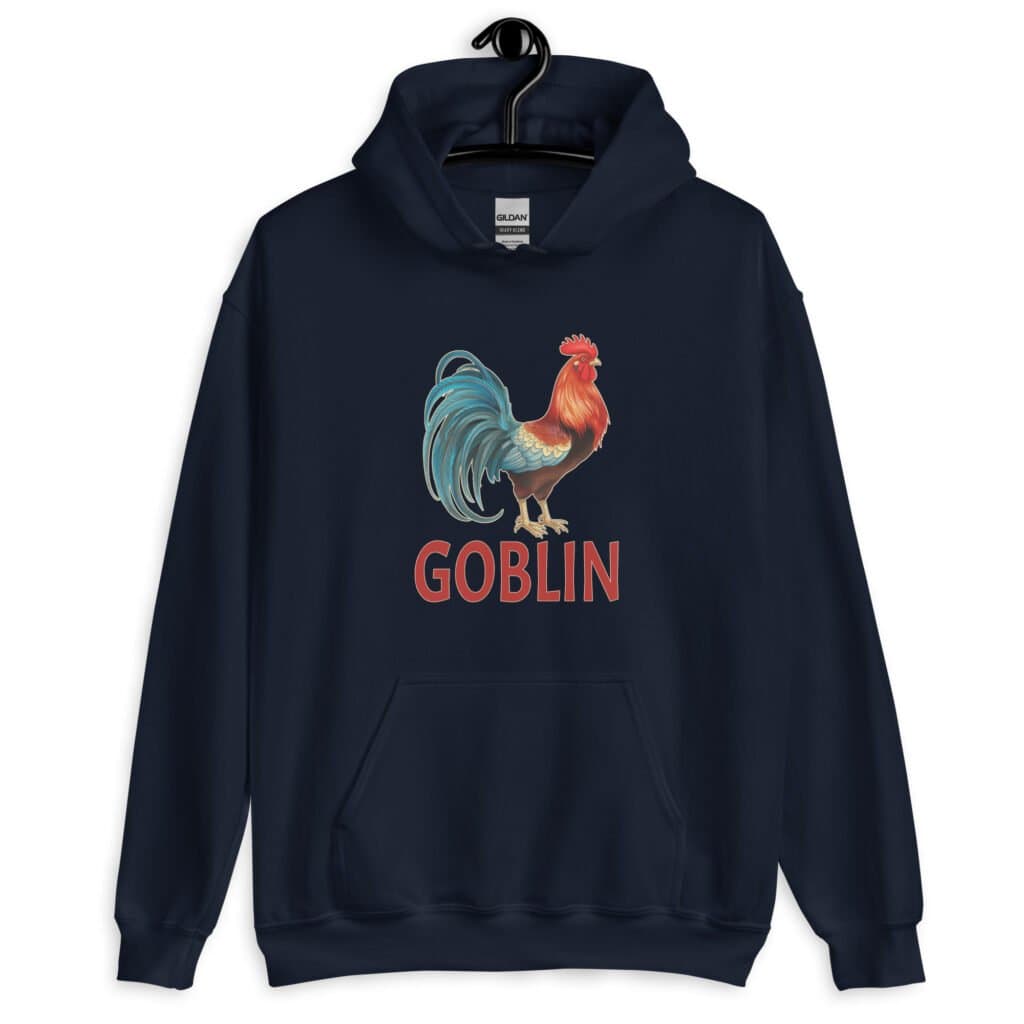 Navy blue hoodie with an image of a rooster and the word 'Goblin' printed under the rooster. The graphics are printed on the front of the hoodie.