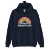 Navy blue hoodie sweatshirt with a graphic of a rainbow and the words 'Spread negativity' printed on the front.