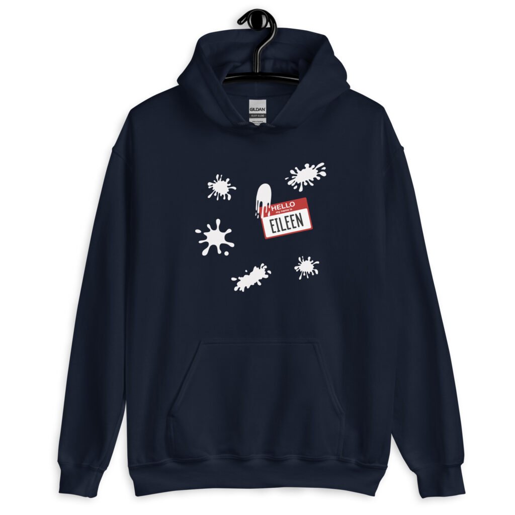 Navy blue hoodie sweatshirt with Eileen name tag and white splatters printed on the front.