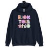Navy blue hoodie sweatshirt with colorful pastel font 'Fuck this shit' graphics printed on the front.
