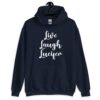 Navy hoodie sweatshirt with the parody phrase 'Live, Laugh, Lucifer' printed on the front.