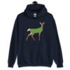 Navy blue hoodie sweatshirt with funny image of a doe deer with a dill pickle body printed on the front.