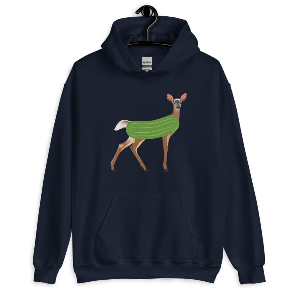 Navy blue hoodie sweatshirt with funny image of a doe deer with a dill pickle body printed on the front.