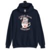 Navy blue hoodie sweatshirt that says 'I think about murder' with image of cute fluffy kitten sitting in a teacup printed on the front.