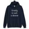 Navy blue hoodie sweatshirt with the text 'Gravity is such a downer' printed on the front.