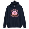 Navy blue hoodie sweatshirt with an image of a donut with pink icing and sprinkles and the text 'Eat more hole foods' printed on the front.